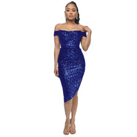 Blue Off The Shoulder Sequin Summer Party Midi Dress XXL