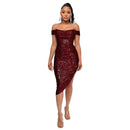 Burgundy Off The Shoulder Sequin Summer Party Midi Dress XXL