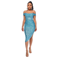 Sky Blue Off The Shoulder Sequin Summer Party Midi Dress XXL