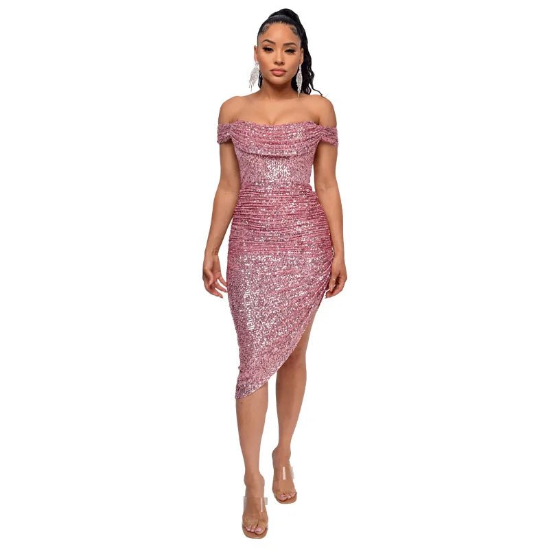 Rose Gold Off The Shoulder Sequin Summer Party Midi Dress L