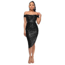 Black Off The Shoulder Sequin Summer Party Midi Dress XXL