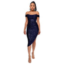 Dark Blue Off The Shoulder Sequin Summer Party Midi Dress XXL