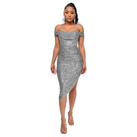 Gray Off The Shoulder Sequin Summer Party Midi Dress XXL