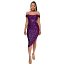 Purple Off The Shoulder Sequin Summer Party Midi Dress L