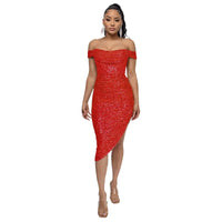 Red Off The Shoulder Sequin Summer Party Midi Dress M