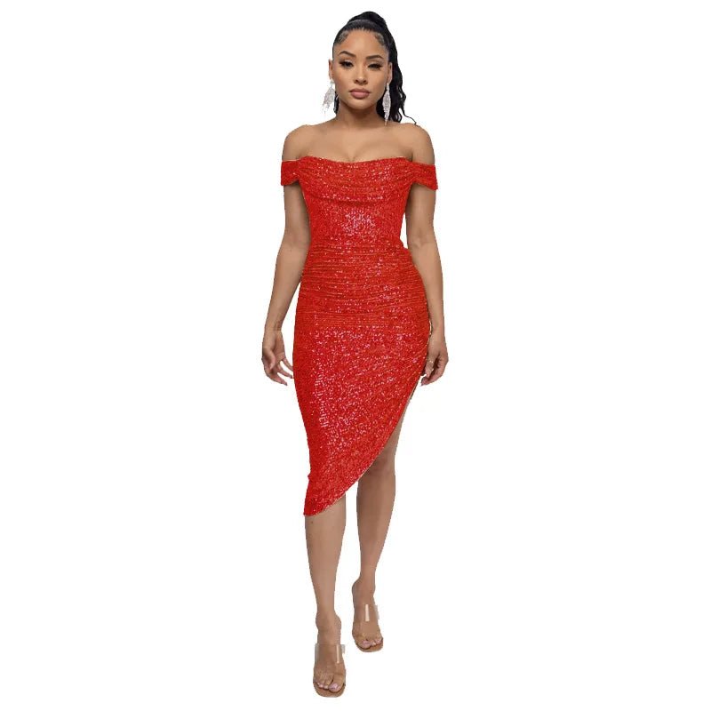 Red Off The Shoulder Sequin Summer Party Midi Dress M