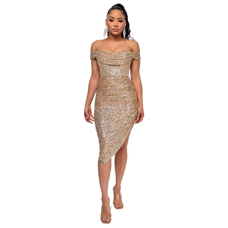 champagne Off The Shoulder Sequin Summer Party Midi Dress XL