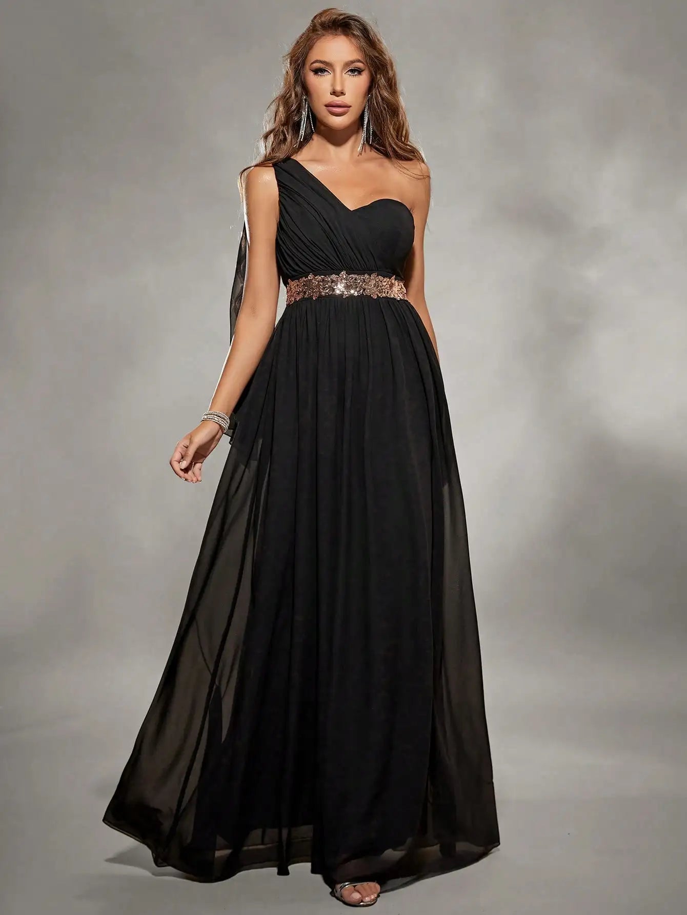 Black One Shoulder Asymmetrical Chiffon Evening Gown L