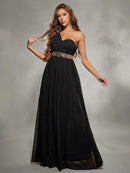 Black One Shoulder Asymmetrical Chiffon Evening Gown L