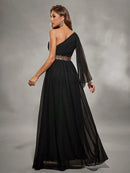 Black One Shoulder Asymmetrical Chiffon Evening Gown L