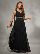 Black One Shoulder Asymmetrical Chiffon Evening Gown L