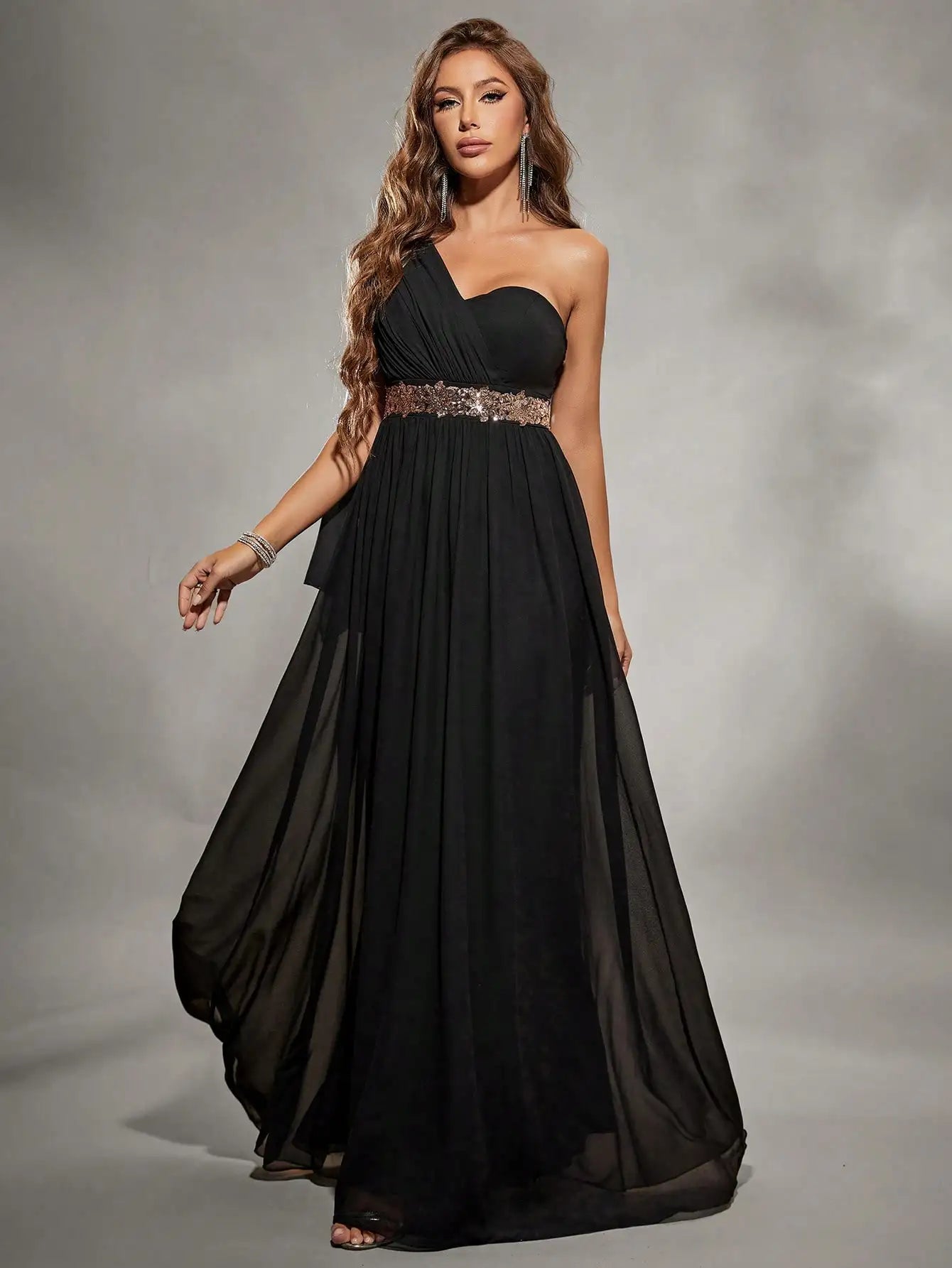 Black One Shoulder Asymmetrical Chiffon Evening Gown L