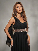 Black One Shoulder Asymmetrical Chiffon Evening Gown L