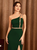 Dark Green One Shoulder Backless Elegant Evening Gown With Slit S