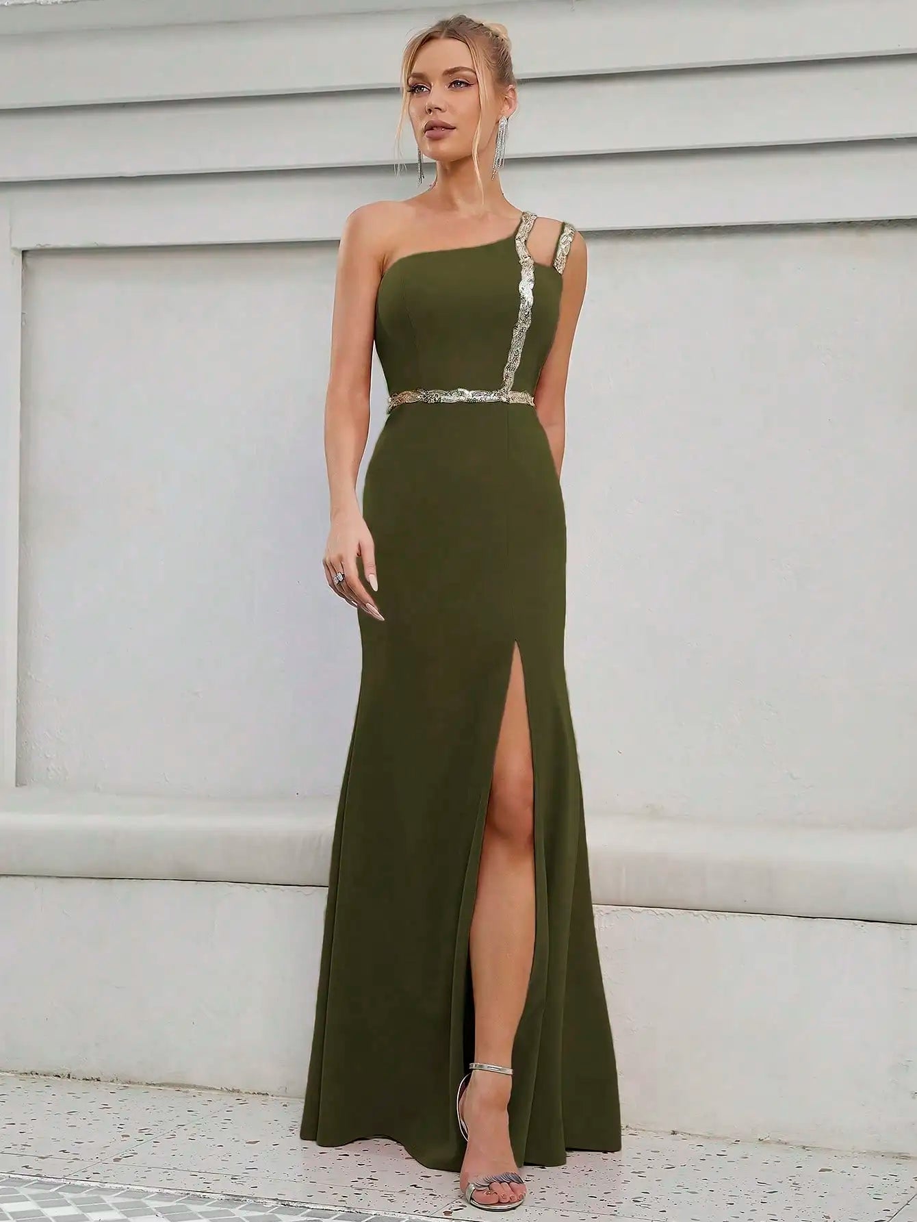 Army Green One Shoulder Backless Elegant Evening Gown With Slit S