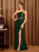 Dark Green One Shoulder Backless Elegant Evening Gown With Slit S