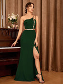 Dark Green One Shoulder Backless Elegant Evening Gown With Slit S