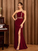 Burgundy One Shoulder Backless Elegant Evening Gown With Slit S