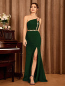 Dark Green One Shoulder Backless Elegant Evening Gown With Slit S