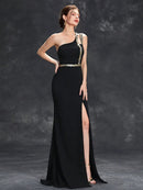 Black One Shoulder Backless Elegant Evening Gown With Slit S