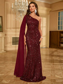 Burgundy One Shoulder Burgundy Sequin Formal Evening Dress S