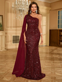 Burgundy One Shoulder Burgundy Sequin Formal Evening Dress S