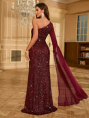 Burgundy One Shoulder Burgundy Sequin Formal Evening Dress S