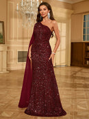 Burgundy One Shoulder Burgundy Sequin Formal Evening Dress S