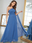 Dusty Blue One Shoulder Dusty Blue Pleated Chiffon Evening Dresses L