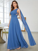 Dusty Blue One Shoulder Dusty Blue Pleated Chiffon Evening Dresses L