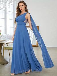 Dusty Blue One Shoulder Dusty Blue Pleated Chiffon Evening Dresses L