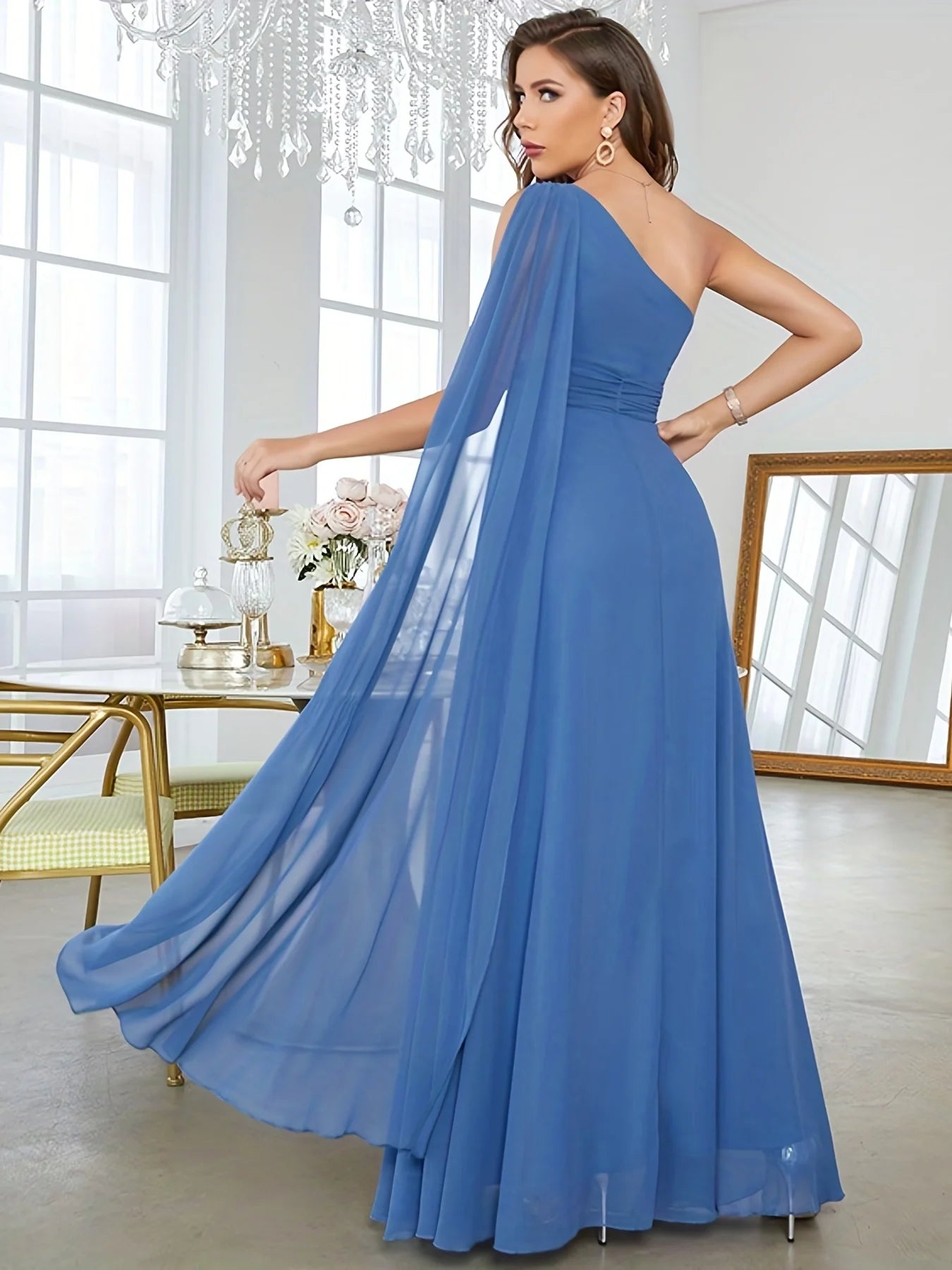 One Shoulder Dusty Blue Pleated Chiffon Evening Dresses