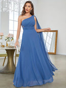 Dusty Blue One Shoulder Dusty Blue Pleated Chiffon Evening Dresses L