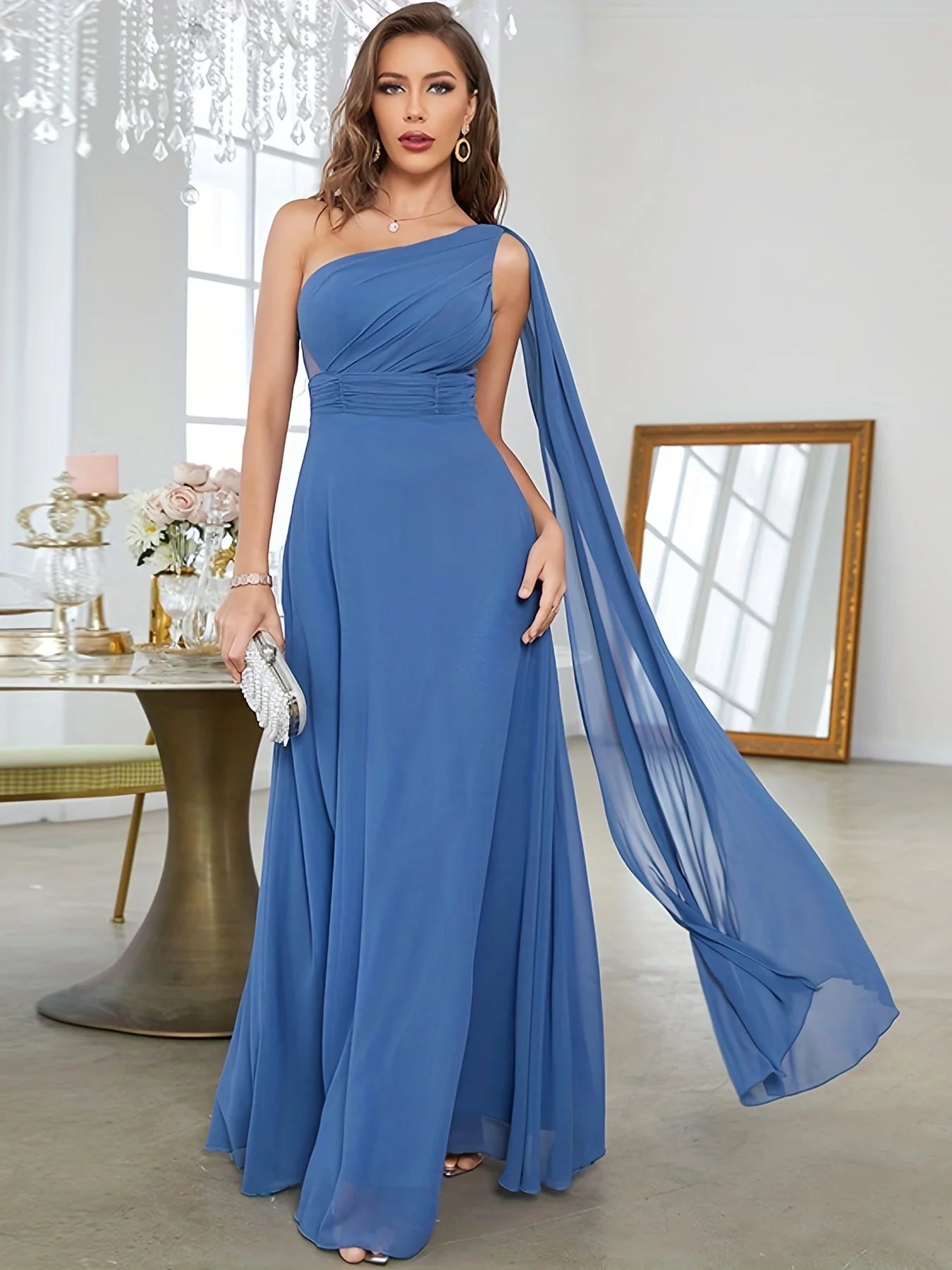 Dusty Blue One Shoulder Dusty Blue Pleated Chiffon Evening Dresses L