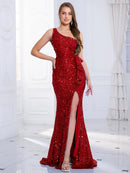 Glamorous red one-shoulder sequin velvet gown with high slit