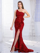 Stylish red sequin velvet mermaid gown with one shoulder and slit