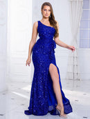 Sparkly royal blue sequin velvet mermaid gown with high slit