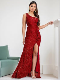 Chic red sequin velvet mermaid gown with one shoulder and side slit