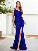 Elegant royal blue one-shoulder sequin velvet gown with side slit