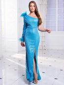 Sky Blue One shoulder Long Sequin Evening Maxi Dress with Split XL