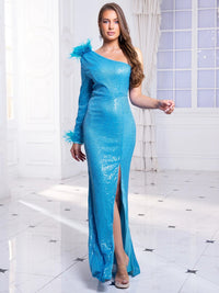 Sky Blue One shoulder Long Sequin Evening Maxi Dress with Split XL