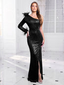 Black One shoulder Long Sequin Evening Maxi Dress with Split M