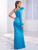 Sky Blue One shoulder Long Sequin Evening Maxi Dress with Split S