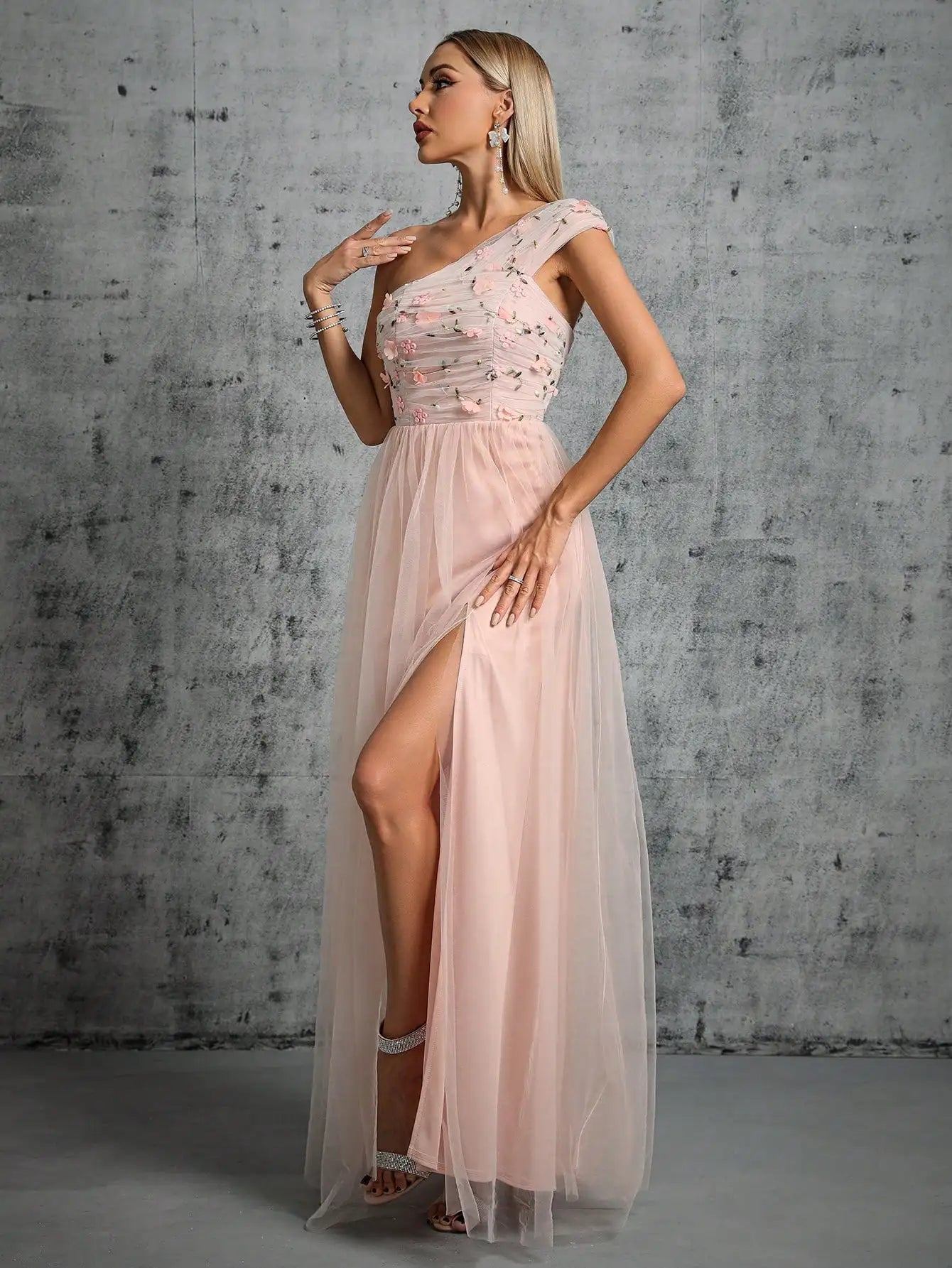 Pink One Shoulder Pleated Embroidered Prom Dress S