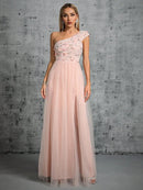 Pink One Shoulder Pleated Embroidered Prom Dress S