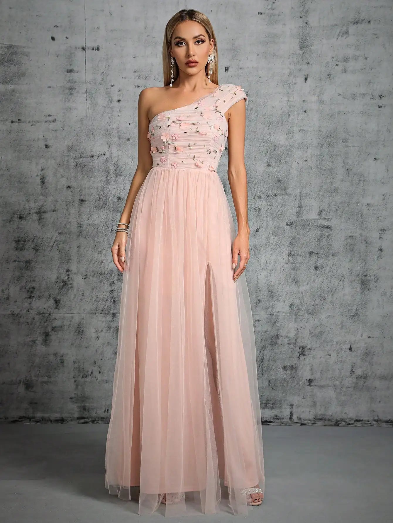 One Shoulder Pleated Embroidered Prom Dress