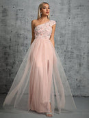 Pink One Shoulder Pleated Embroidered Prom Dress S