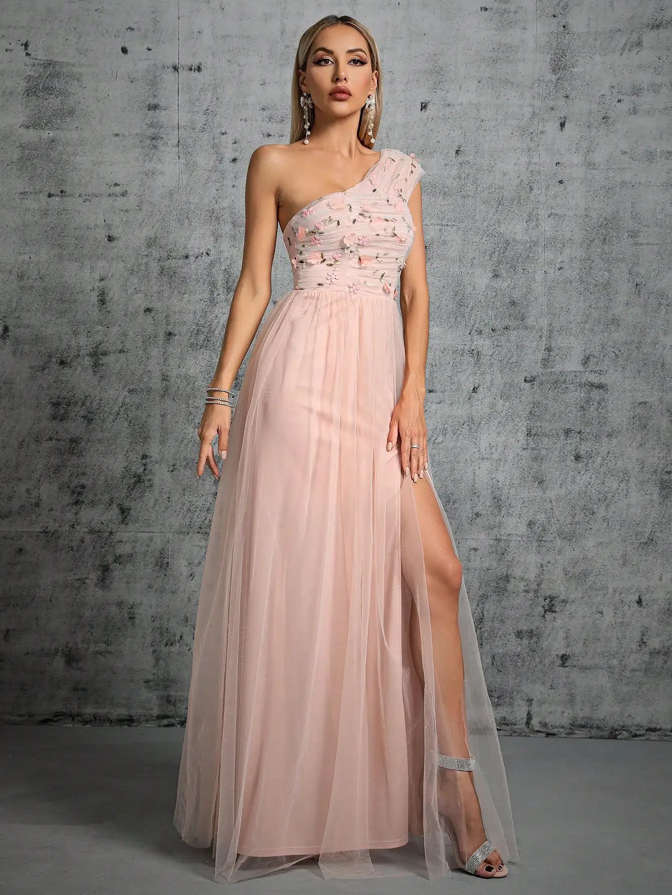 Pink One Shoulder Pleated Embroidered Prom Dress S