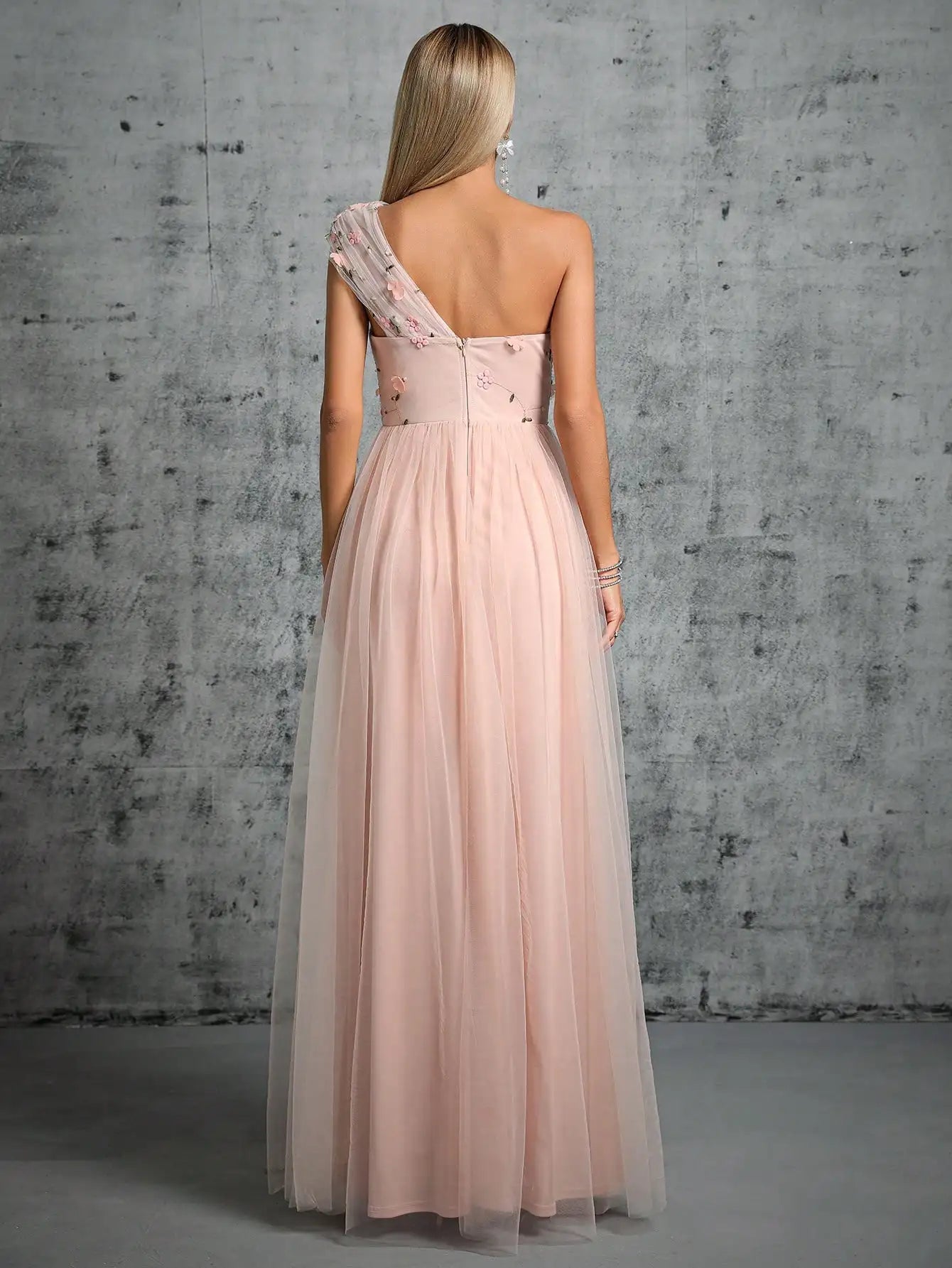 One Shoulder Pleated Embroidered Prom Dress