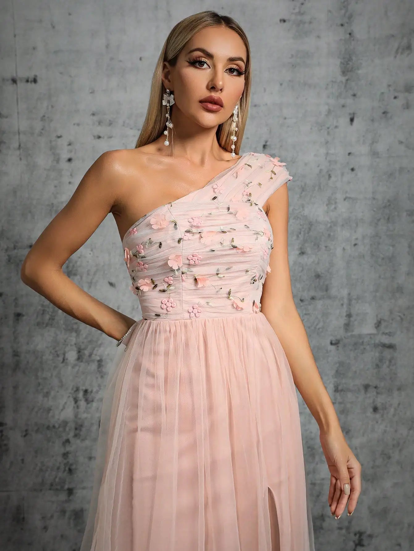 Pink One Shoulder Pleated Embroidered Prom Dress S